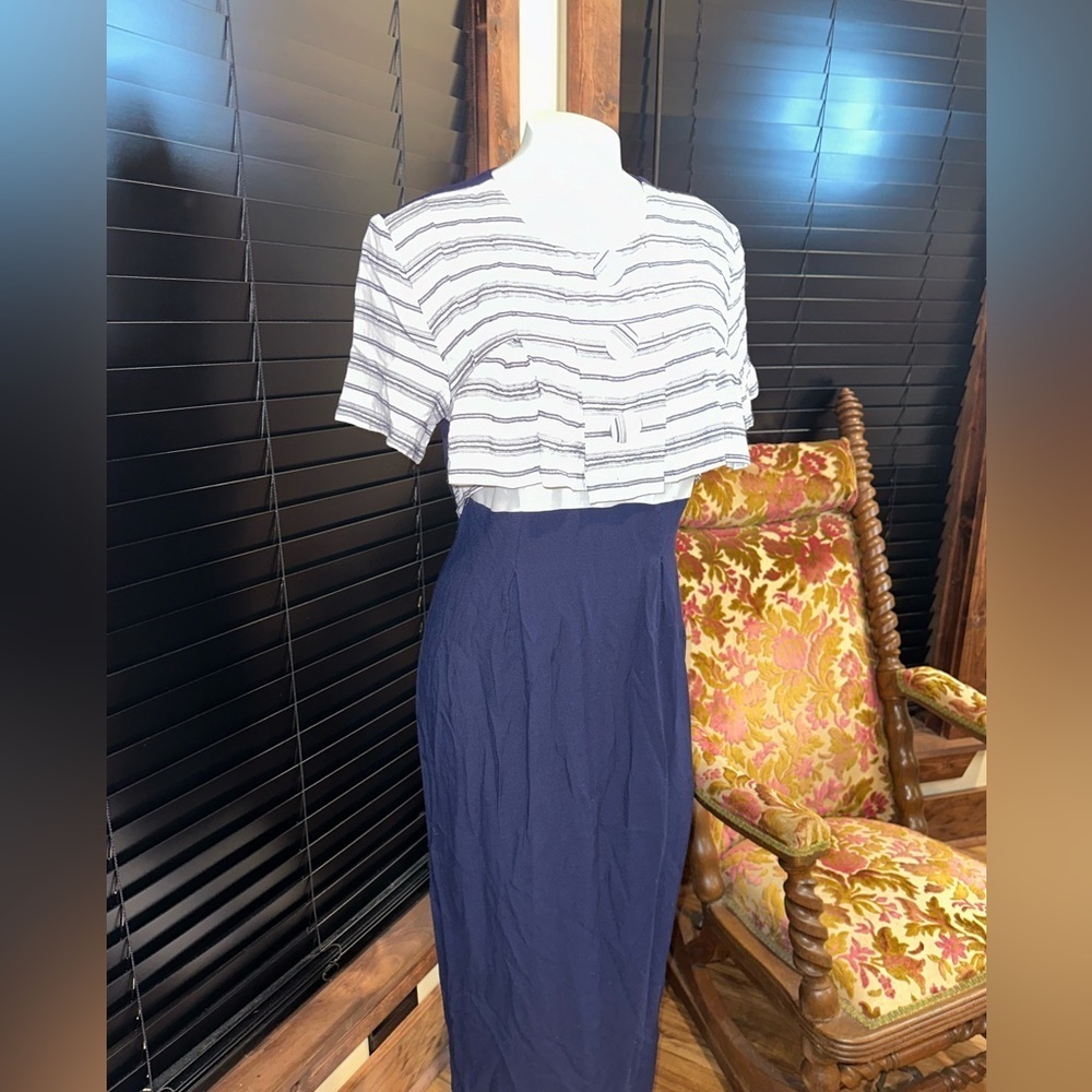 Vintage Brioche Navy and White Striped Pencil Skirt Dress - Picture 2 of 7